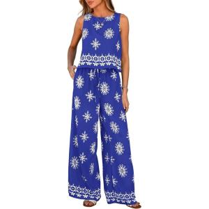 PRETTYGARDEN Women’s 2026 Summer 2 Piece Lounge Sets Boho Floral Tank Tops Flowy Wide Peg Pants Travel Beach Vacation Outfits(Floral Royal Blue White)