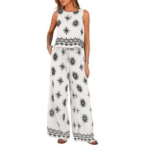 PRETTYGARDEN Women’s 2026 Summer 2 Piece Lounge Sets Boho Floral Tank Tops Flowy Wide Peg Pants Travel Beach Vacation Outfits(Floral White Black)