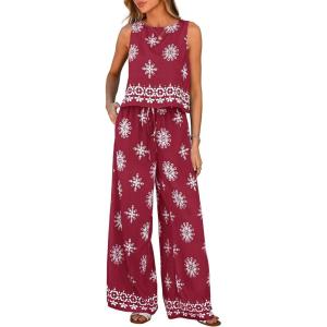 PRETTYGARDEN Women’s 2026 Summer 2 Piece Lounge Sets Boho Floral Tank Tops Flowy Wide Peg Pants Travel Beach Vacation Outfits(Floral Wine Red White)