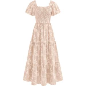 PRETTYGARDEN Women’s 2026 Summer Boho Maxi Dresses Floral Short Sleeve Square Neck Smocked Flowy Long Dress Vacation Outfits(Beige)
