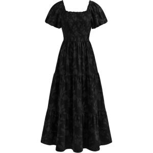 PRETTYGARDEN Women’s 2026 Summer Boho Maxi Dresses Floral Short Sleeve Square Neck Smocked Flowy Long Dress Vacation Outfits(Black)
