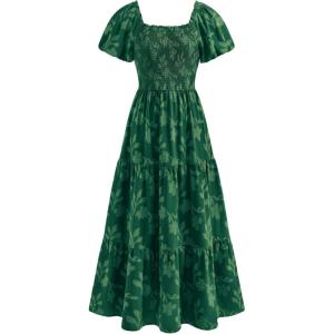 PRETTYGARDEN Women’s 2026 Summer Boho Maxi Dresses Floral Short Sleeve Square Neck Smocked Flowy Long Dress Vacation Outfits(Dark Green)