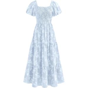 PRETTYGARDEN Women’s 2026 Summer Boho Maxi Dresses Floral Short Sleeve Square Neck Smocked Flowy Long Dress Vacation Outfits(Light Blue)