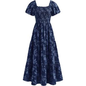 PRETTYGARDEN Women’s 2026 Summer Boho Maxi Dresses Floral Short Sleeve Square Neck Smocked Flowy Long Dress Vacation Outfits(Navy Blue)