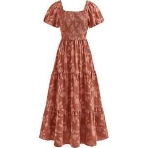 PRETTYGARDEN Women’s 2026 Summer Boho Maxi Dresses Floral Short Sleeve Square Neck Smocked Flowy Long Dress Vacation Outfits(Orange)