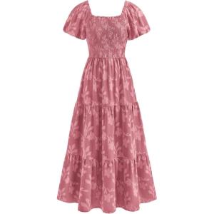 PRETTYGARDEN Women’s 2026 Summer Boho Maxi Dresses Floral Short Sleeve Square Neck Smocked Flowy Long Dress Vacation Outfits(Pink)