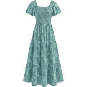 PRETTYGARDEN Women’s 2026 Summer Boho Maxi Dresses Floral Short Sleeve Square Neck Smocked Flowy Long Dress Vacation Outfits(Sage Green)