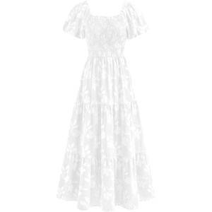 PRETTYGARDEN Women’s 2026 Summer Boho Maxi Dresses Floral Short Sleeve Square Neck Smocked Flowy Long Dress Vacation Outfits(White)