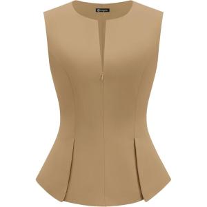 PRETTYGARDEN Women’s 2026 Summer Vest Tops Business Casual Going Out Outfits Sleeveless Zip Up Dressy Tank Top Suit Waistcoat(Khaki)