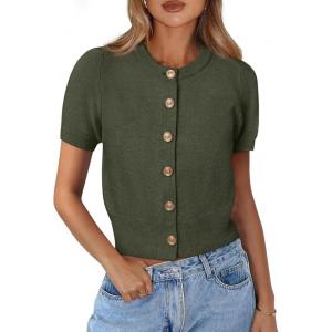 PRETTYGARDEN Womens Casual Summer Short Sleeve Cardigans 2026 Button Down Knitted Sweater Basic Crew Neck Crop Tops(Army Green)