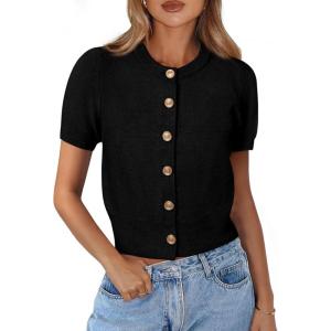 PRETTYGARDEN Womens Casual Summer Short Sleeve Cardigans 2026 Button Down Knitted Sweater Basic Crew Neck Crop Tops(Black)