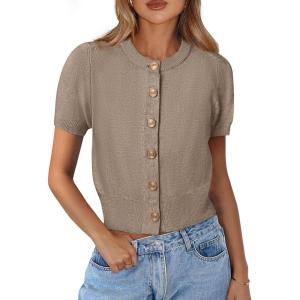 PRETTYGARDEN Womens Casual Summer Short Sleeve Cardigans 2026 Button Down Knitted Sweater Basic Crew Neck Crop Tops(Camel)