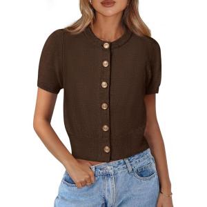 PRETTYGARDEN Womens Casual Summer Short Sleeve Cardigans 2026 Button Down Knitted Sweater Basic Crew Neck Crop Tops(Dark Brown)