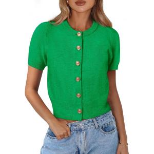 PRETTYGARDEN Womens Casual Summer Short Sleeve Cardigans 2026 Button Down Knitted Sweater Basic Crew Neck Crop Tops(Green)