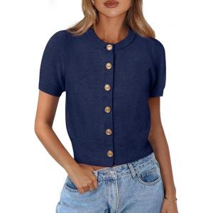 PRETTYGARDEN Womens Casual Summer Short Sleeve Cardigans 2026 Button Down Knitted Sweater Basic Crew Neck Crop Tops(Navy Blue)