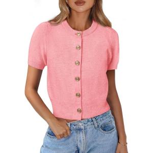 PRETTYGARDEN Womens Casual Summer Short Sleeve Cardigans 2026 Button Down Knitted Sweater Basic Crew Neck Crop Tops(Pink)