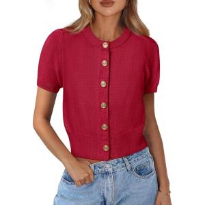 PRETTYGARDEN Womens Casual Summer Short Sleeve Cardigans 2026 Button Down Knitted Sweater Basic Crew Neck Crop Tops(Red)