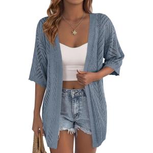 PRETTYGARDEN Women’s Lightweight Summer Cardigans 2026 Short Sleeve Knit Crochet Coverups Spring Boho Beach Vacation Clothes(Dusty Blue)
