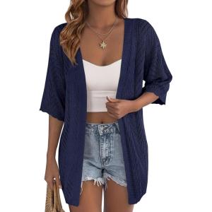 PRETTYGARDEN Women’s Lightweight Summer Cardigans 2026 Short Sleeve Knit Crochet Coverups Spring Boho Beach Vacation Clothes(Navy Blue)