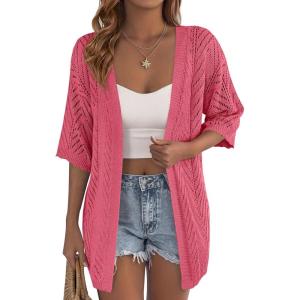 PRETTYGARDEN Women’s Lightweight Summer Cardigans 2026 Short Sleeve Knit Crochet Coverups Spring Boho Beach Vacation Clothes(Watermelon Red)