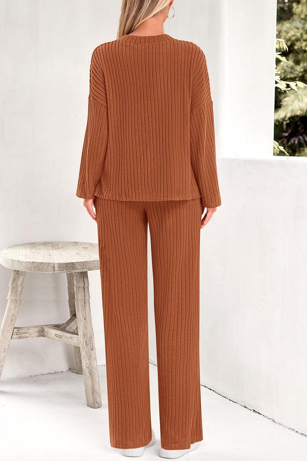 imagePRETTYGARDEN 2 Piece Sets for Women Fall 2025 Soft Comfy Lounge Long Sleeve Pajamas Set Knit Postpartum Pj Outfits ClothingYellow Brown