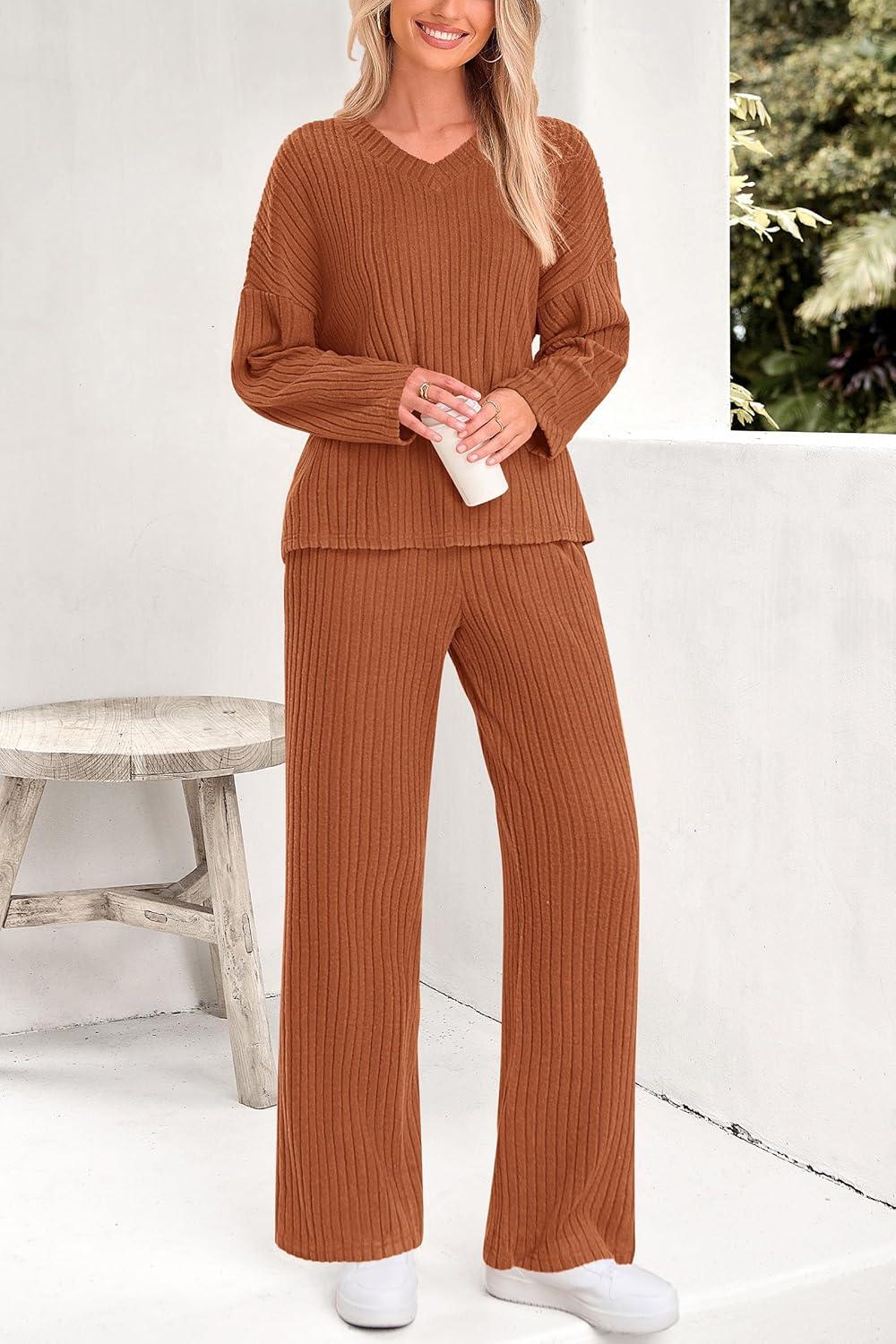 imagePRETTYGARDEN 2 Piece Sets for Women Fall 2025 Soft Comfy Lounge Long Sleeve Pajamas Set Knit Postpartum Pj Outfits ClothingYellow Brown