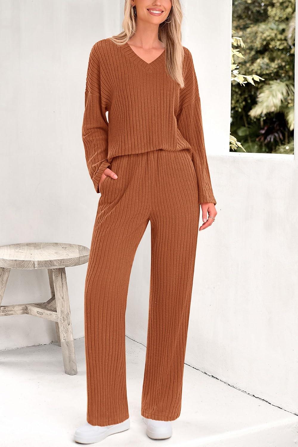 imagePRETTYGARDEN 2 Piece Sets for Women Fall 2025 Soft Comfy Lounge Long Sleeve Pajamas Set Knit Postpartum Pj Outfits ClothingYellow Brown