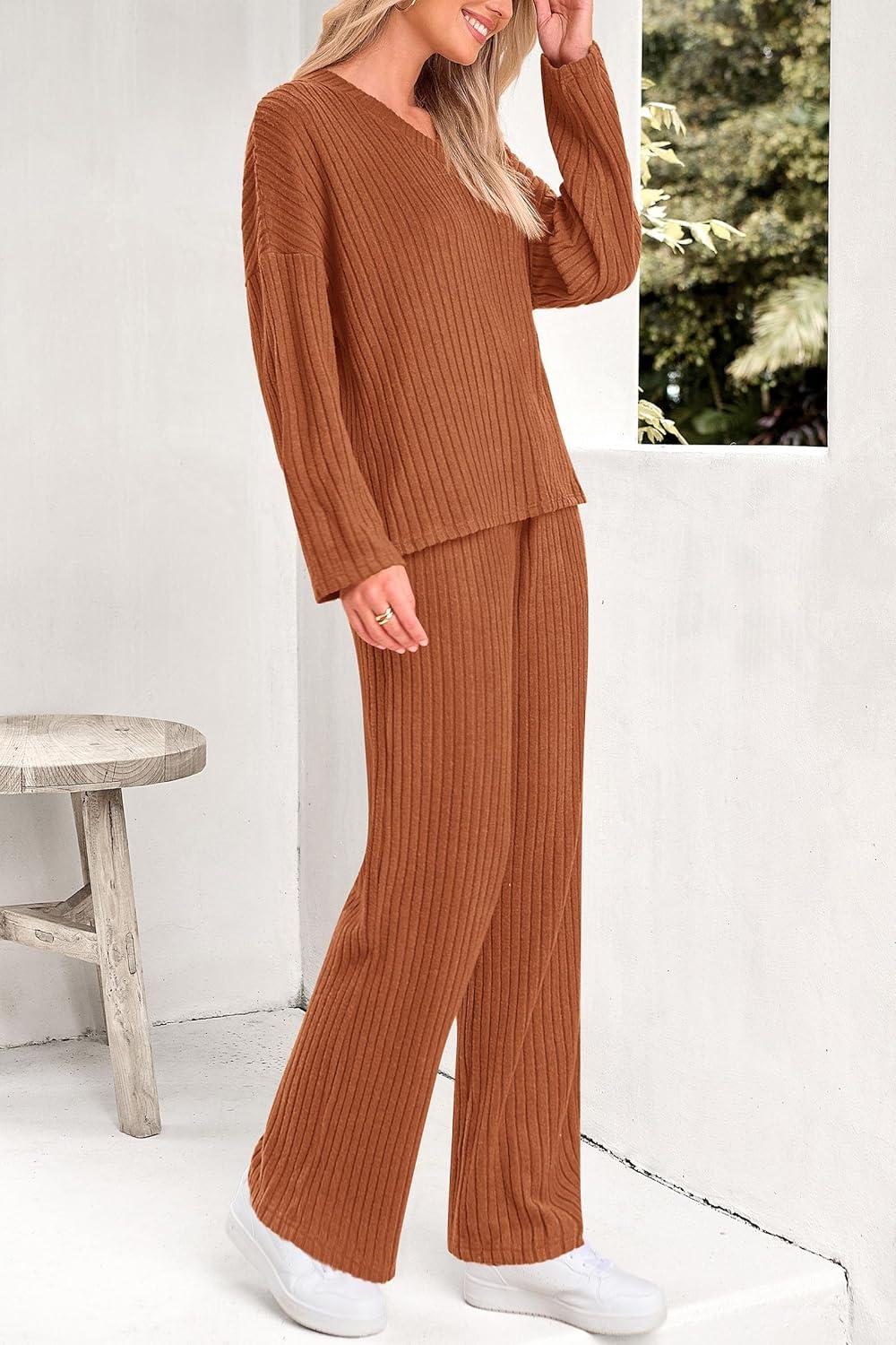 imagePRETTYGARDEN 2 Piece Sets for Women Fall 2025 Soft Comfy Lounge Long Sleeve Pajamas Set Knit Postpartum Pj Outfits ClothingYellow Brown