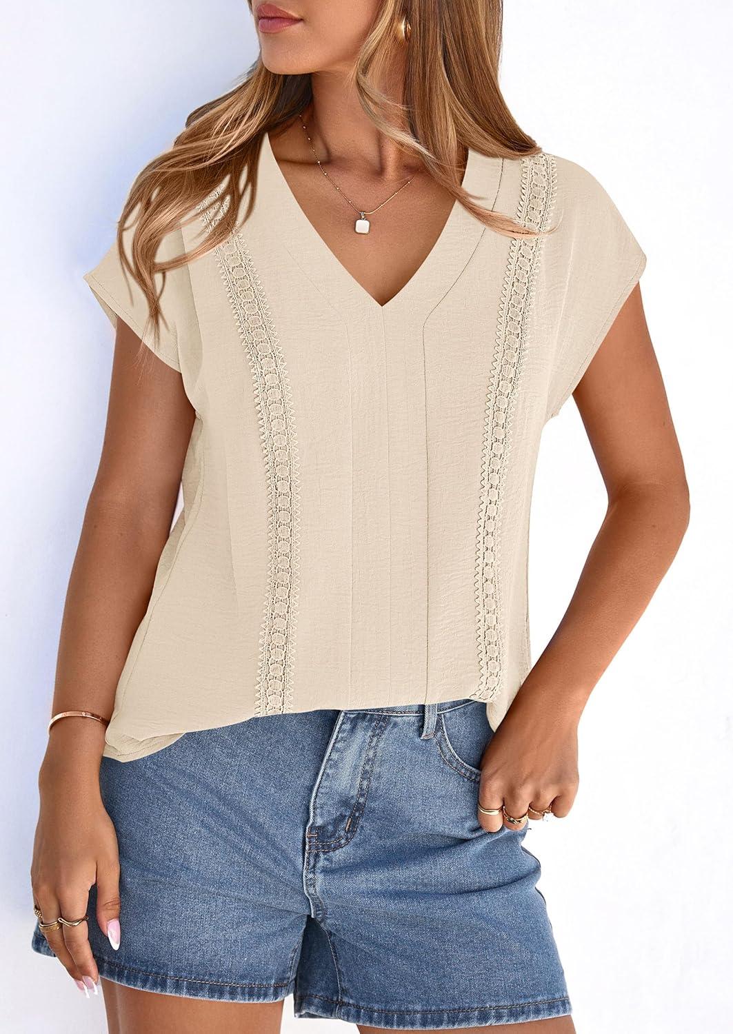 imagePRETTYGARDEN Blouses for Women Dressy Casual Spring 2026 Cap Sleeve V Neck Lace Trim Boho Tops Work Shirts Summer ClothesBeige