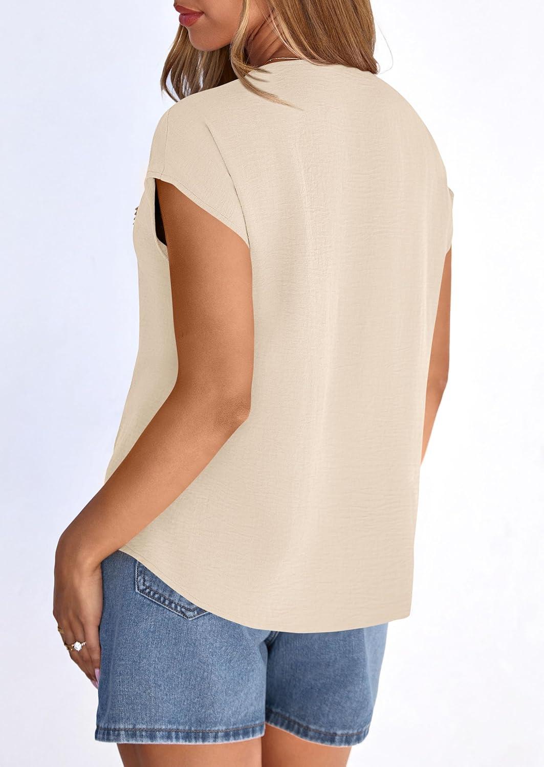 imagePRETTYGARDEN Blouses for Women Dressy Casual Spring 2026 Cap Sleeve V Neck Lace Trim Boho Tops Work Shirts Summer ClothesBeige