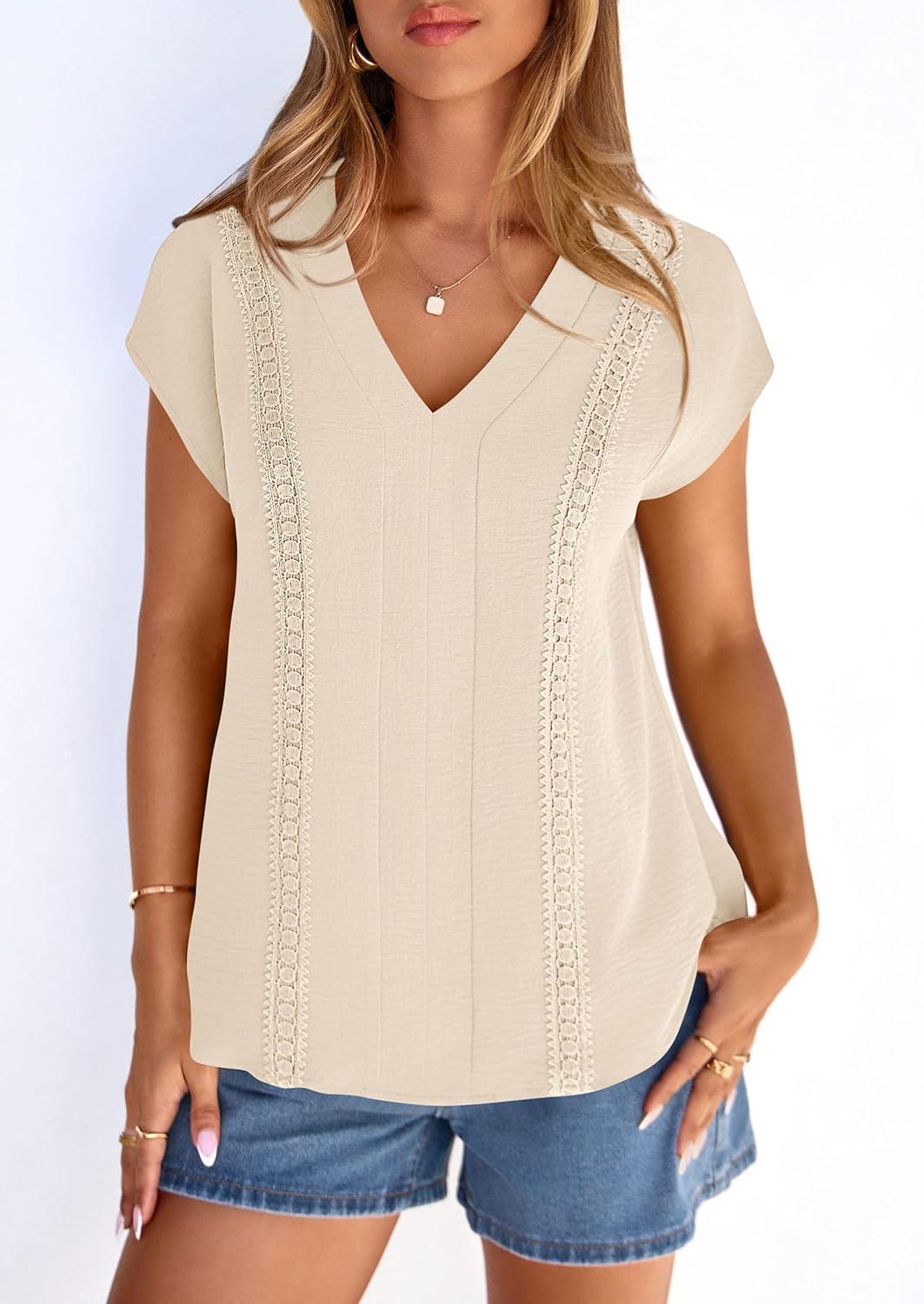 imagePRETTYGARDEN Blouses for Women Dressy Casual Spring 2026 Cap Sleeve V Neck Lace Trim Boho Tops Work Shirts Summer ClothesBeige