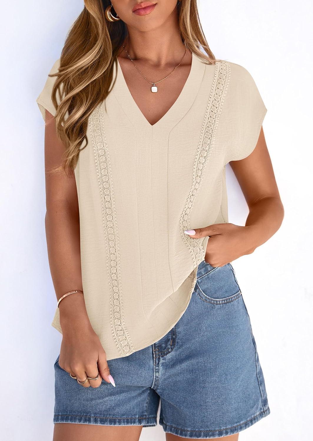 imagePRETTYGARDEN Blouses for Women Dressy Casual Spring 2026 Cap Sleeve V Neck Lace Trim Boho Tops Work Shirts Summer ClothesBeige