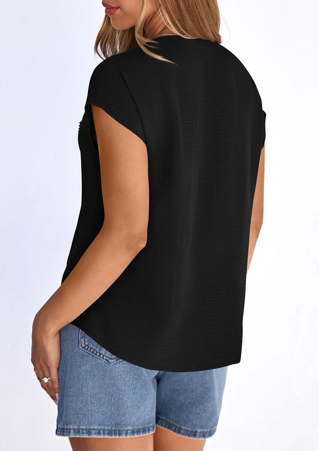 imagePRETTYGARDEN Blouses for Women Dressy Casual Spring 2026 Cap Sleeve V Neck Lace Trim Boho Tops Work Shirts Summer ClothesBlack