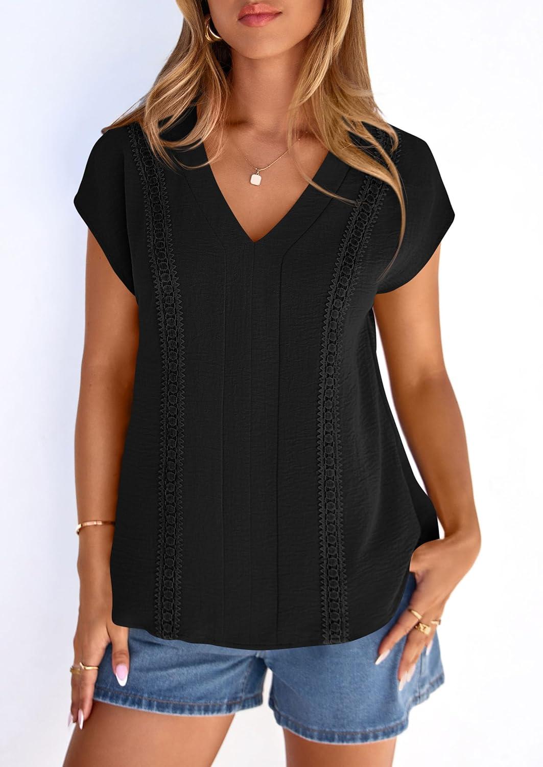 imagePRETTYGARDEN Blouses for Women Dressy Casual Spring 2026 Cap Sleeve V Neck Lace Trim Boho Tops Work Shirts Summer ClothesBlack