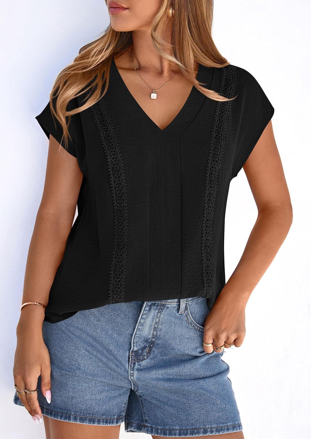 imagePRETTYGARDEN Blouses for Women Dressy Casual Spring 2026 Cap Sleeve V Neck Lace Trim Boho Tops Work Shirts Summer ClothesBlack