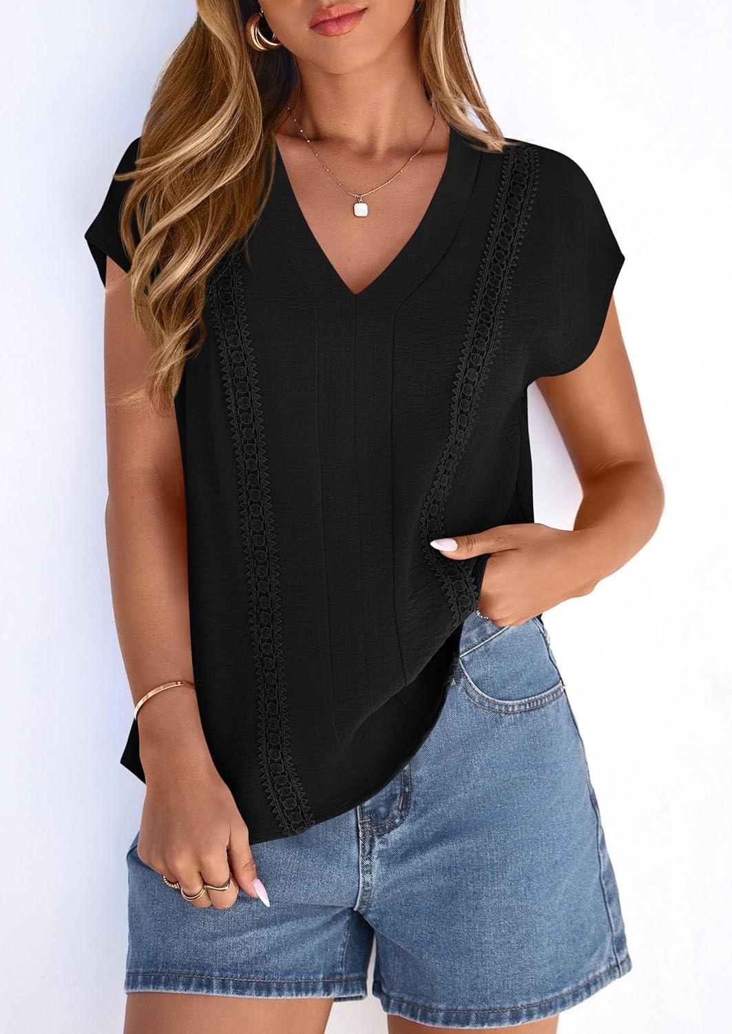 imagePRETTYGARDEN Blouses for Women Dressy Casual Spring 2026 Cap Sleeve V Neck Lace Trim Boho Tops Work Shirts Summer ClothesBlack