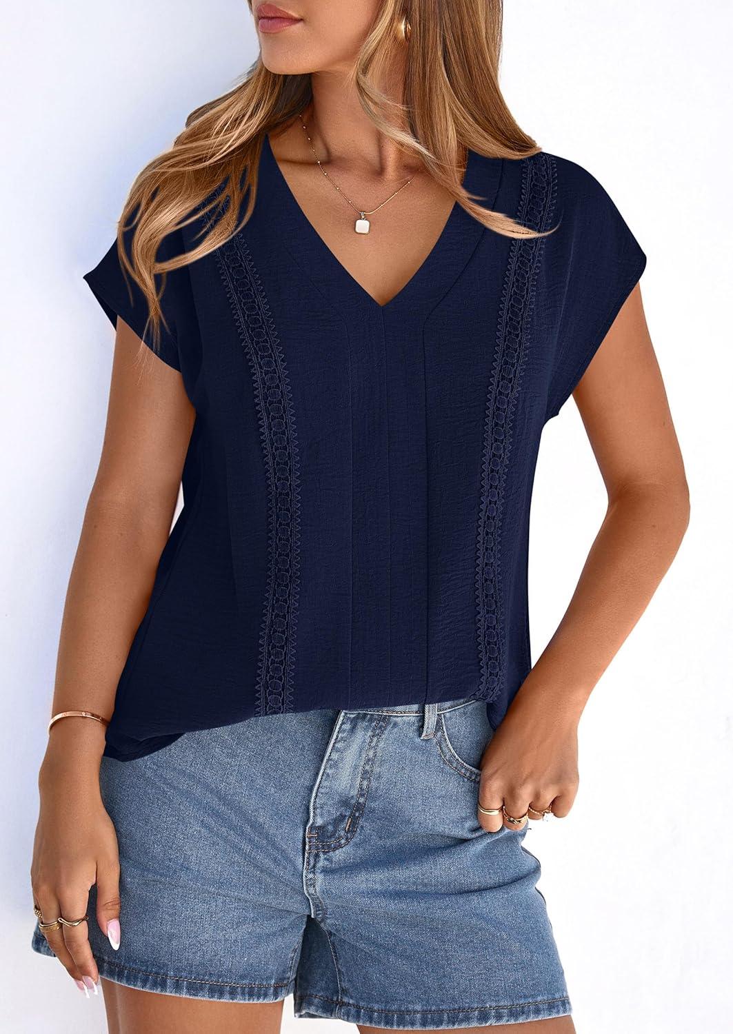 imagePRETTYGARDEN Blouses for Women Dressy Casual Spring 2026 Cap Sleeve V Neck Lace Trim Boho Tops Work Shirts Summer ClothesNavy Blue