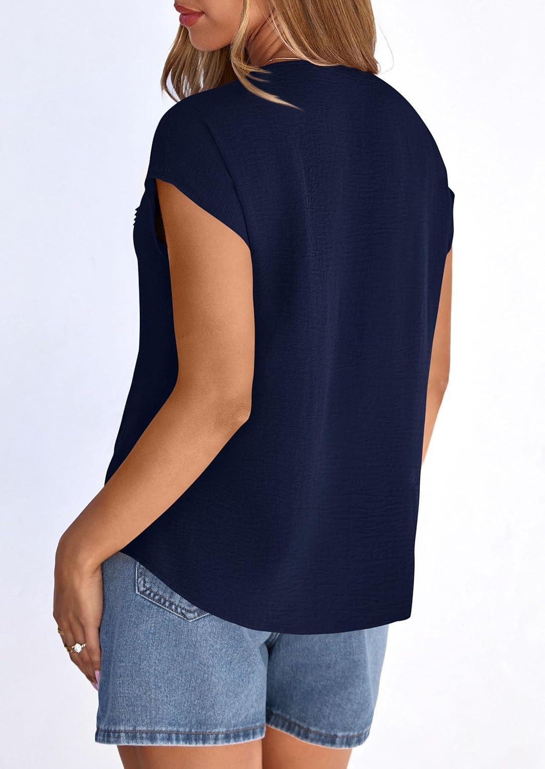 imagePRETTYGARDEN Blouses for Women Dressy Casual Spring 2026 Cap Sleeve V Neck Lace Trim Boho Tops Work Shirts Summer ClothesNavy Blue