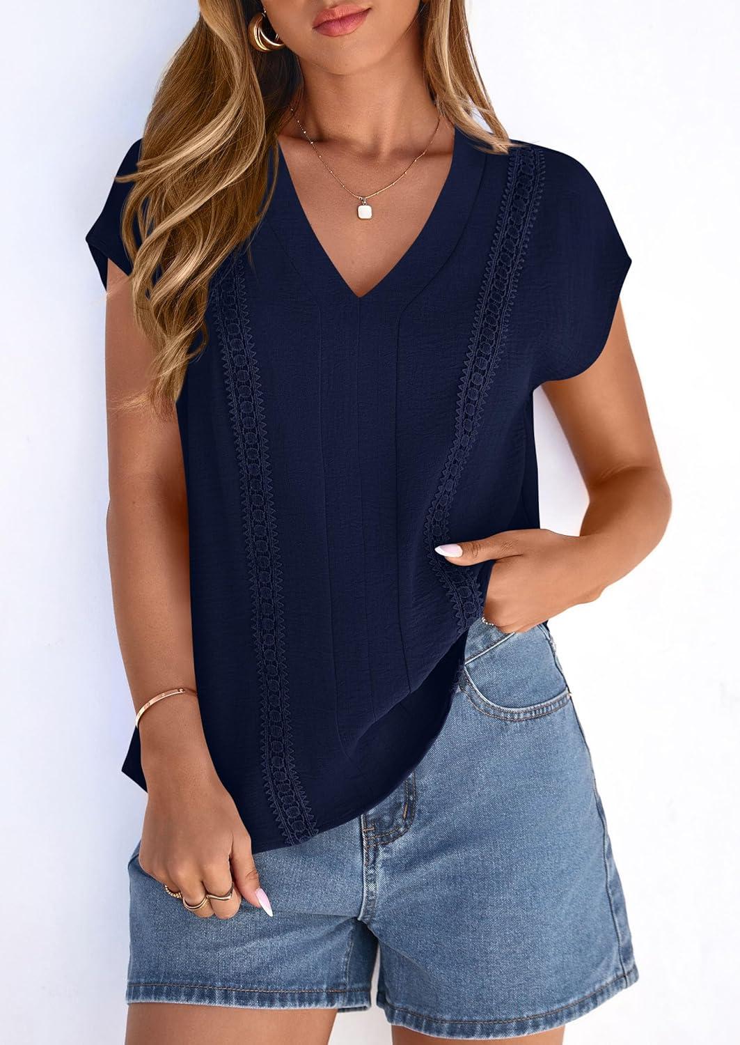 imagePRETTYGARDEN Blouses for Women Dressy Casual Spring 2026 Cap Sleeve V Neck Lace Trim Boho Tops Work Shirts Summer ClothesNavy Blue