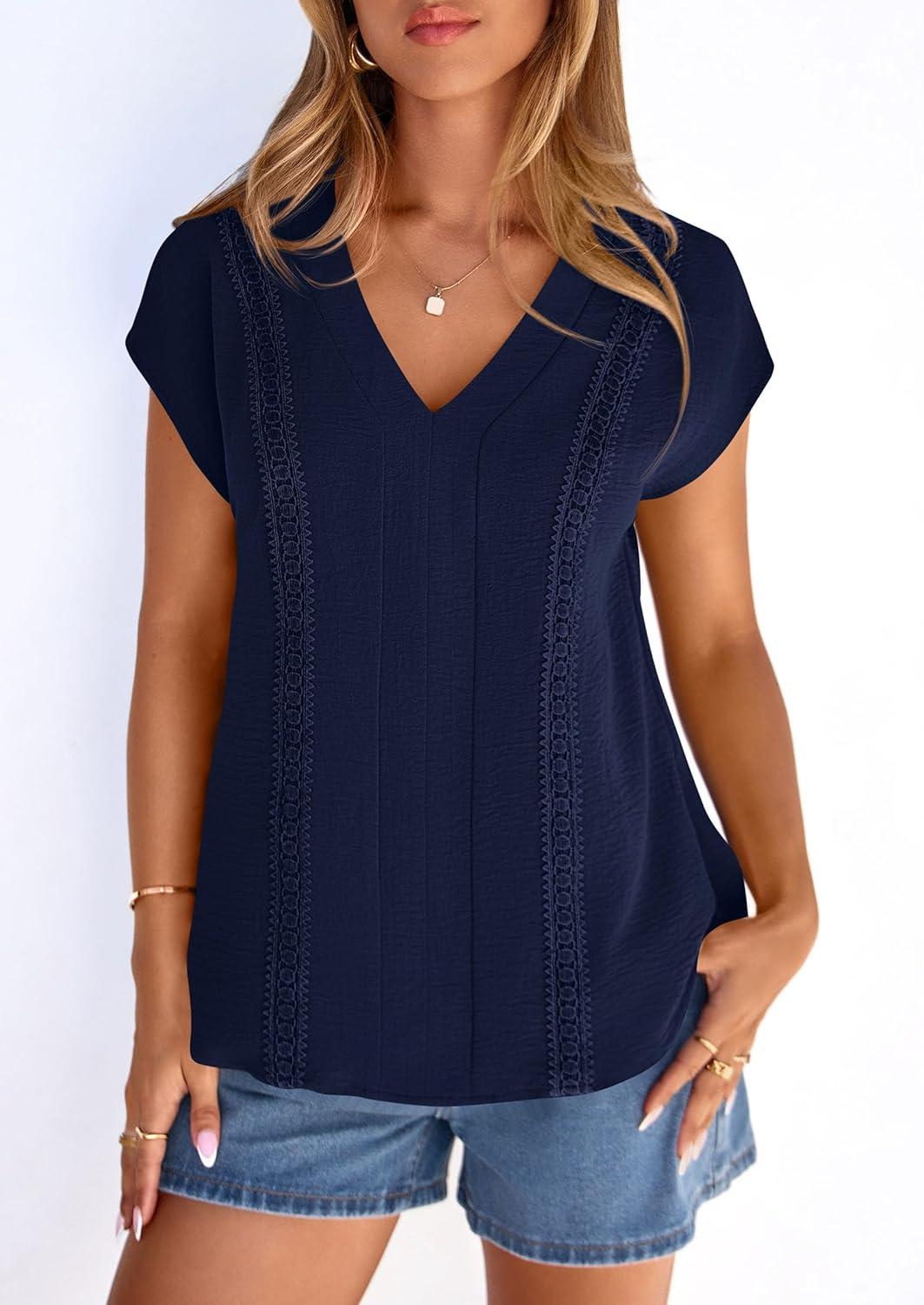 imagePRETTYGARDEN Blouses for Women Dressy Casual Spring 2026 Cap Sleeve V Neck Lace Trim Boho Tops Work Shirts Summer ClothesNavy Blue