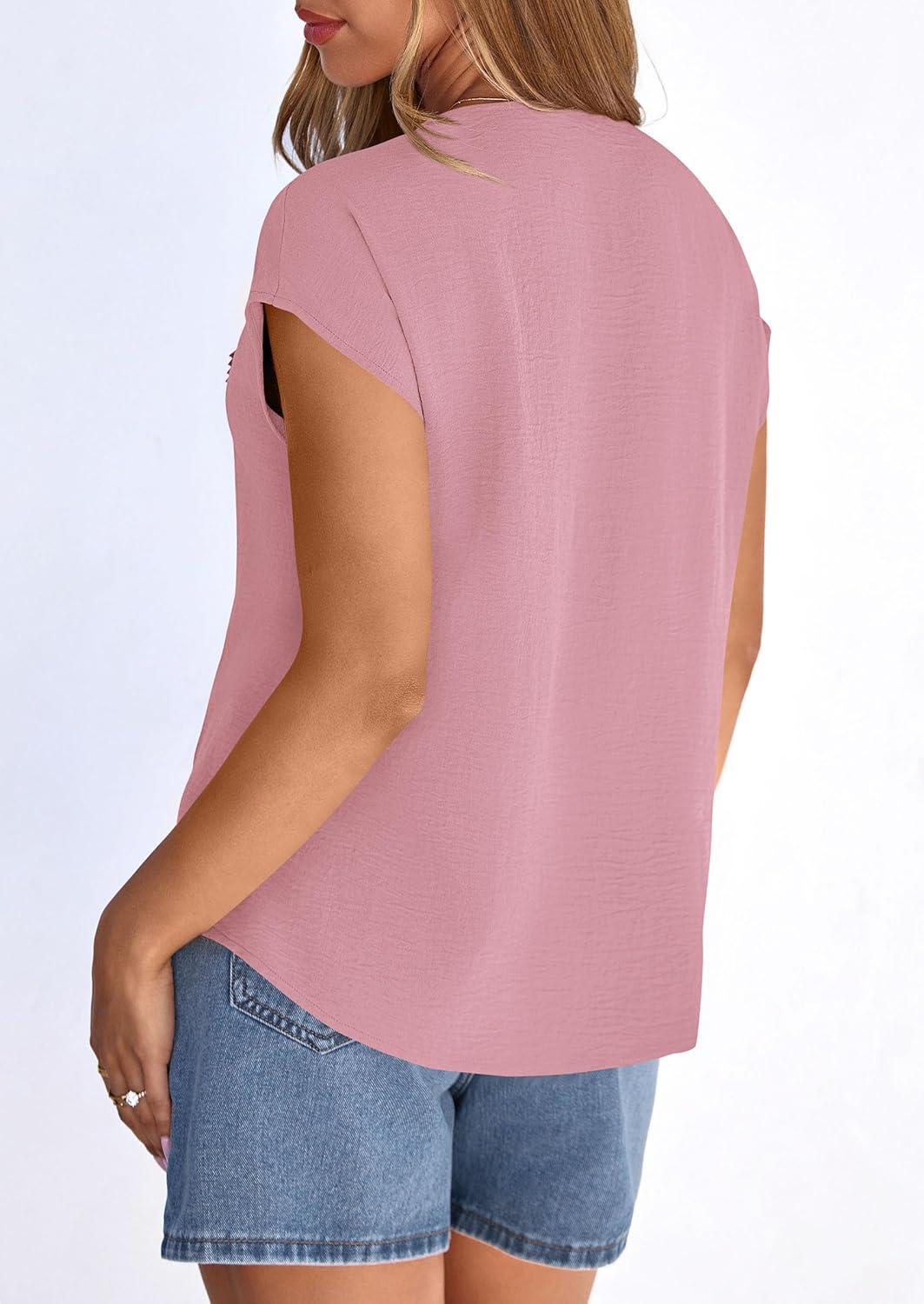 imagePRETTYGARDEN Blouses for Women Dressy Casual Spring 2026 Cap Sleeve V Neck Lace Trim Boho Tops Work Shirts Summer ClothesPink