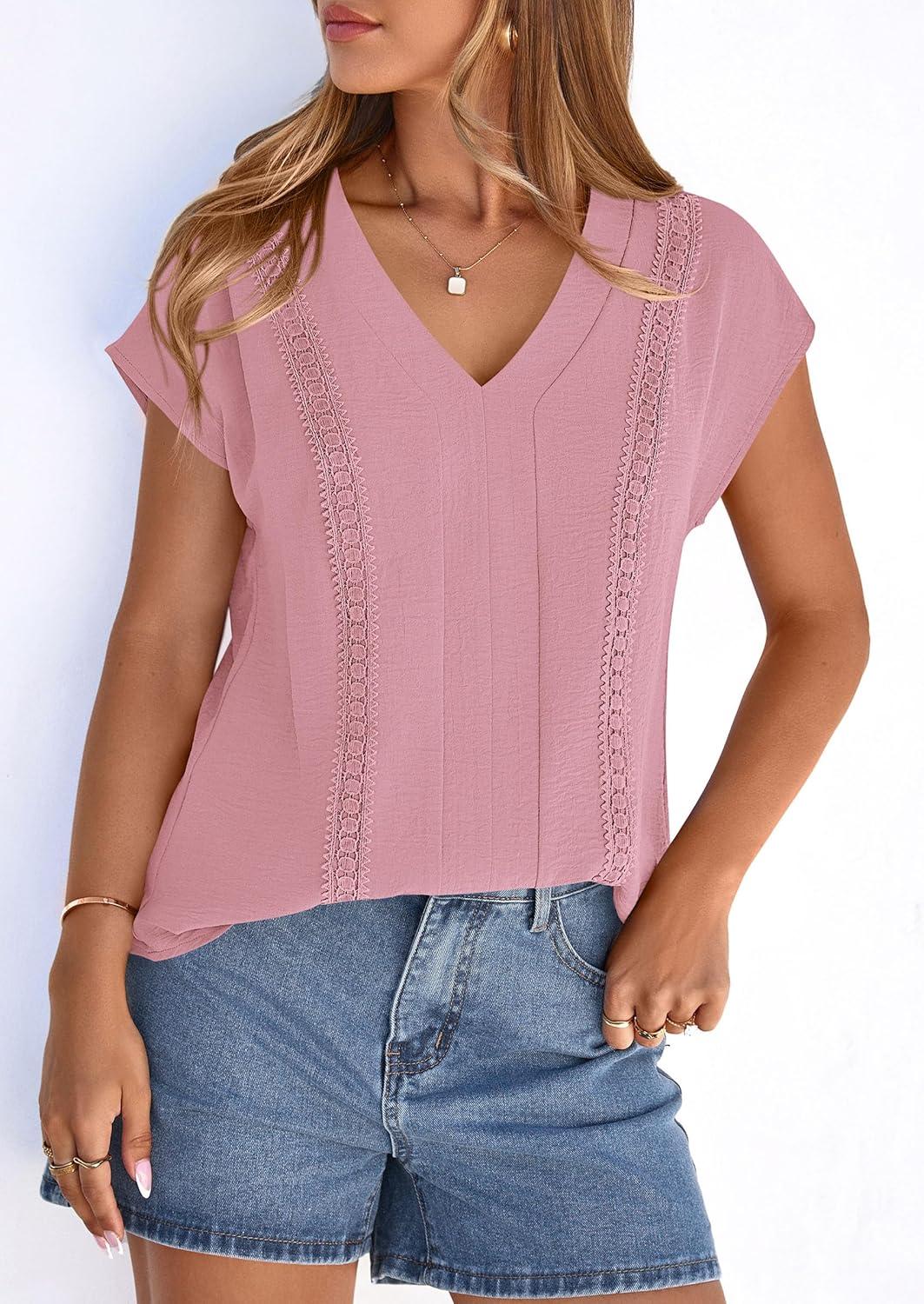 imagePRETTYGARDEN Blouses for Women Dressy Casual Spring 2026 Cap Sleeve V Neck Lace Trim Boho Tops Work Shirts Summer ClothesPink