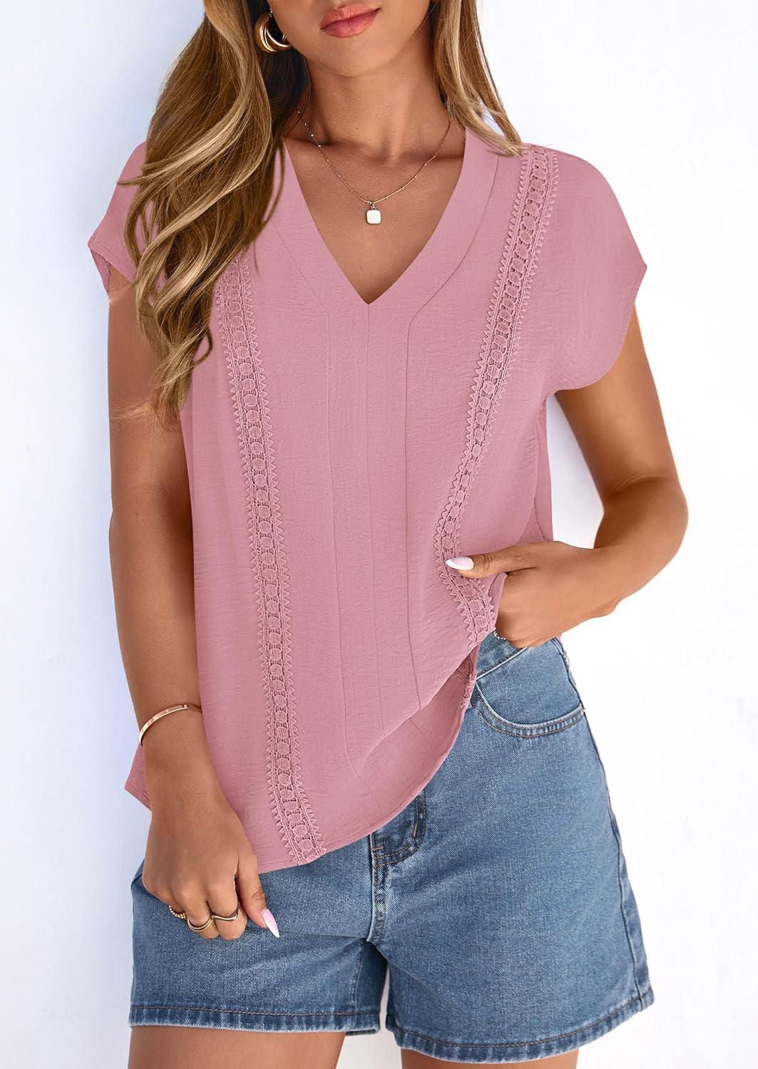 imagePRETTYGARDEN Blouses for Women Dressy Casual Spring 2026 Cap Sleeve V Neck Lace Trim Boho Tops Work Shirts Summer ClothesPink