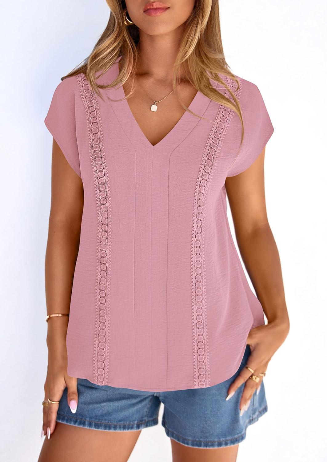 imagePRETTYGARDEN Blouses for Women Dressy Casual Spring 2026 Cap Sleeve V Neck Lace Trim Boho Tops Work Shirts Summer ClothesPink