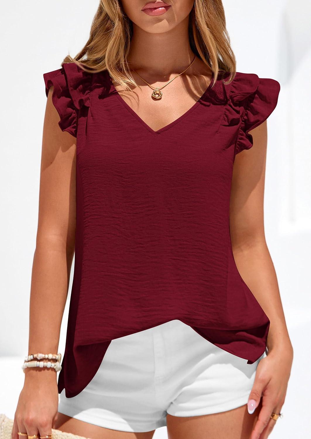 imagePRETTYGARDEN Blouses for Women Dressy Casual Summer Going Out Tops 2026 Spring Business Work V Neck Ruffle Cap Sleeve ShirtsBurgundy
