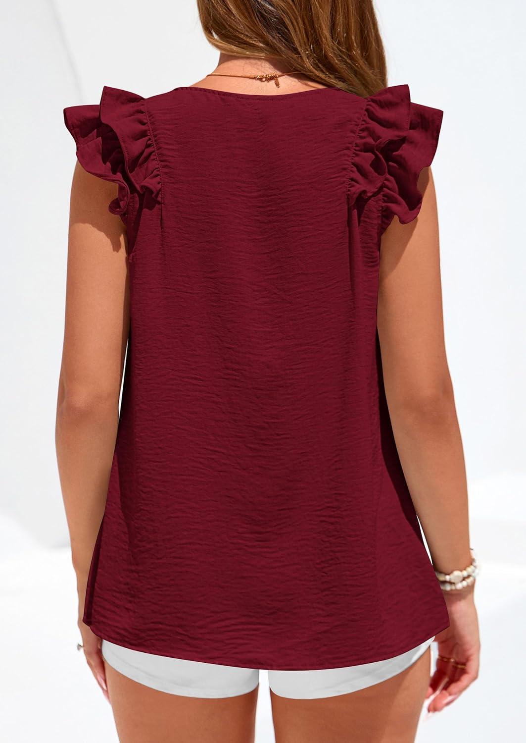 imagePRETTYGARDEN Blouses for Women Dressy Casual Summer Going Out Tops 2026 Spring Business Work V Neck Ruffle Cap Sleeve ShirtsBurgundy