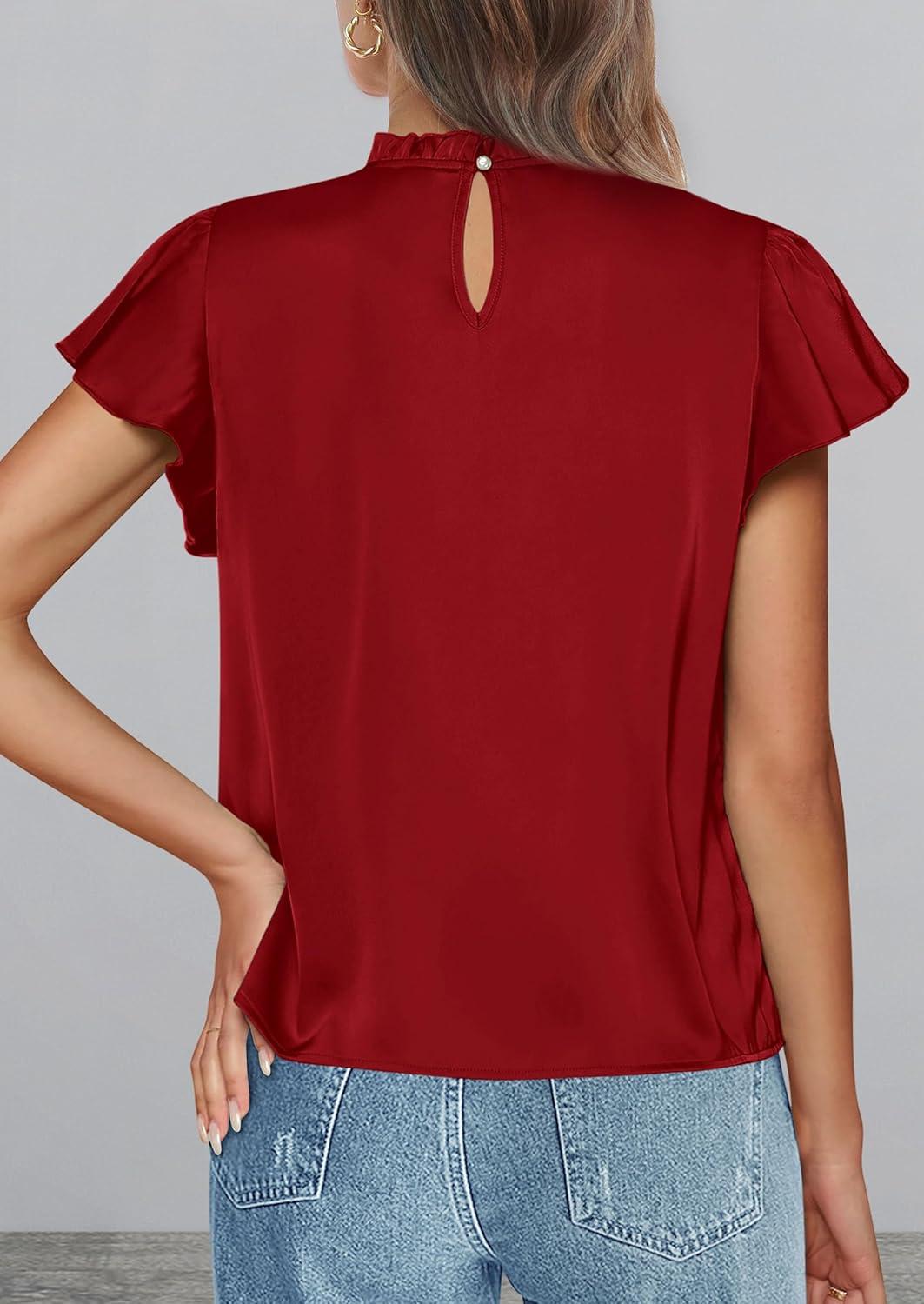 imagePRETTYGARDEN Business Casual Tops for Women Blouses Dressy 2026 Summer Short Sleeve Ruffle Satin Work Office AttireRed