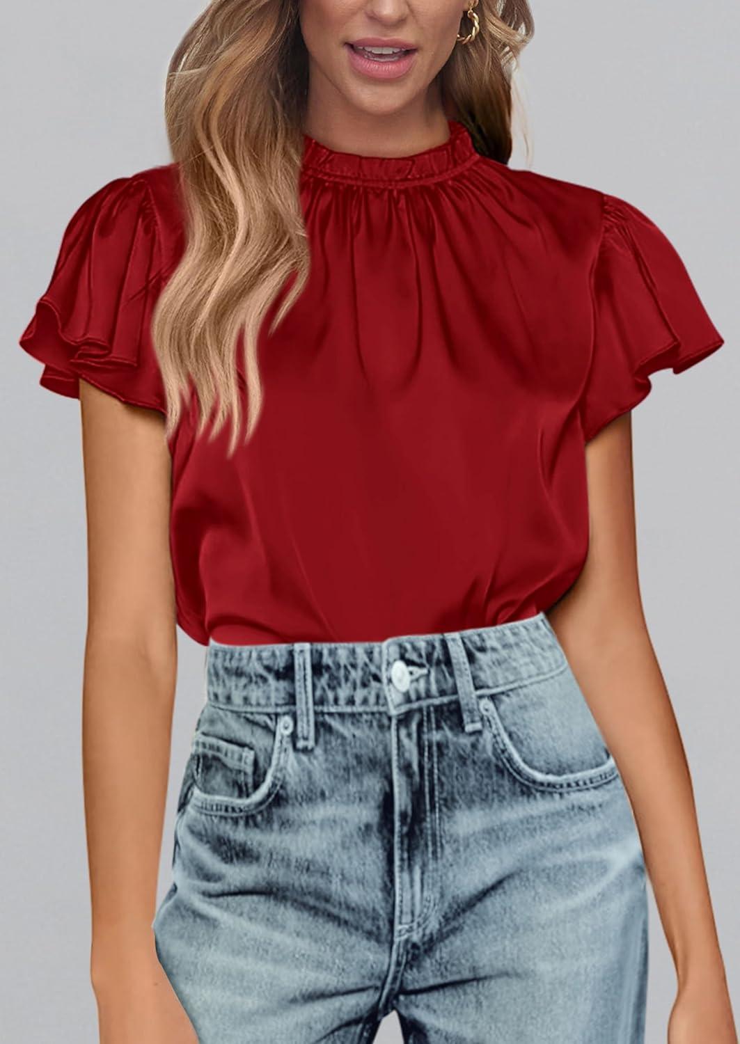 imagePRETTYGARDEN Business Casual Tops for Women Blouses Dressy 2026 Summer Short Sleeve Ruffle Satin Work Office AttireRed