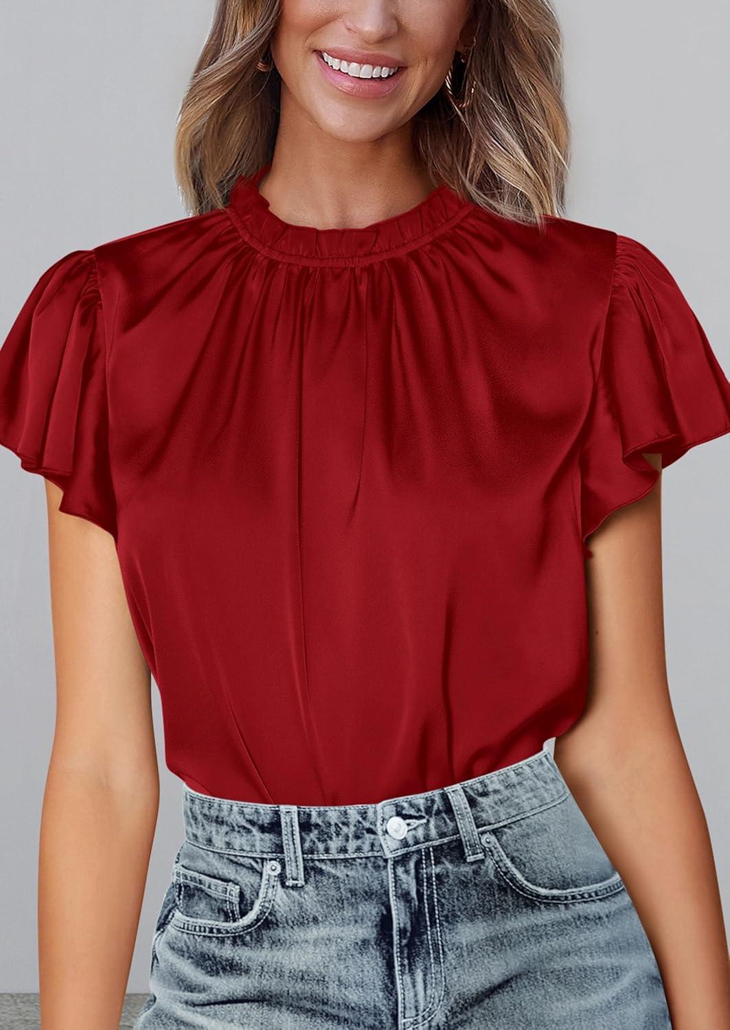 imagePRETTYGARDEN Business Casual Tops for Women Blouses Dressy 2026 Summer Short Sleeve Ruffle Satin Work Office AttireRed