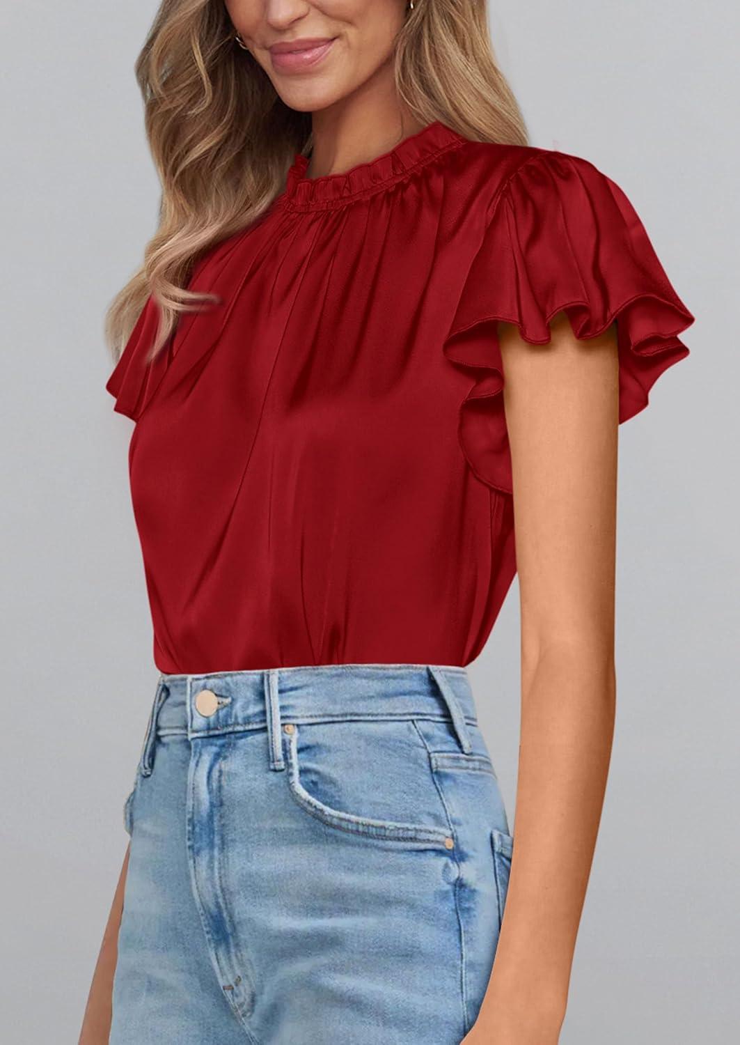 imagePRETTYGARDEN Business Casual Tops for Women Blouses Dressy 2026 Summer Short Sleeve Ruffle Satin Work Office AttireRed